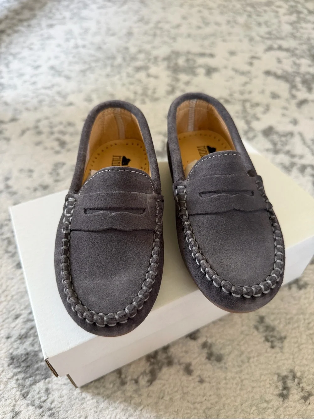 Kids Grey Suede Penny Loafers with Contrast Stitching